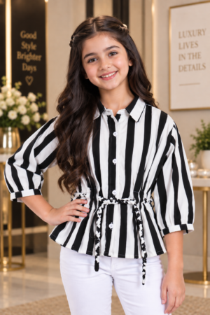 T1119LN Girls Black & White Striped Imported Fabric Tie-Waist Peplum Shirt Top T1119LN-218-BLK