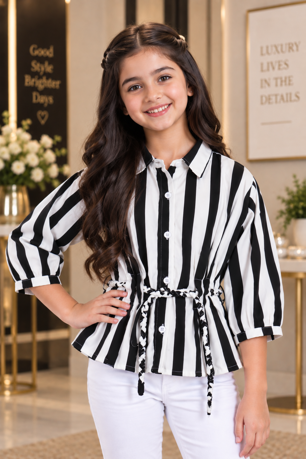 T1119LN Girls Black & White Striped Imported Fabric Tie-Waist Peplum Shirt Top T1119LN-218-BLK