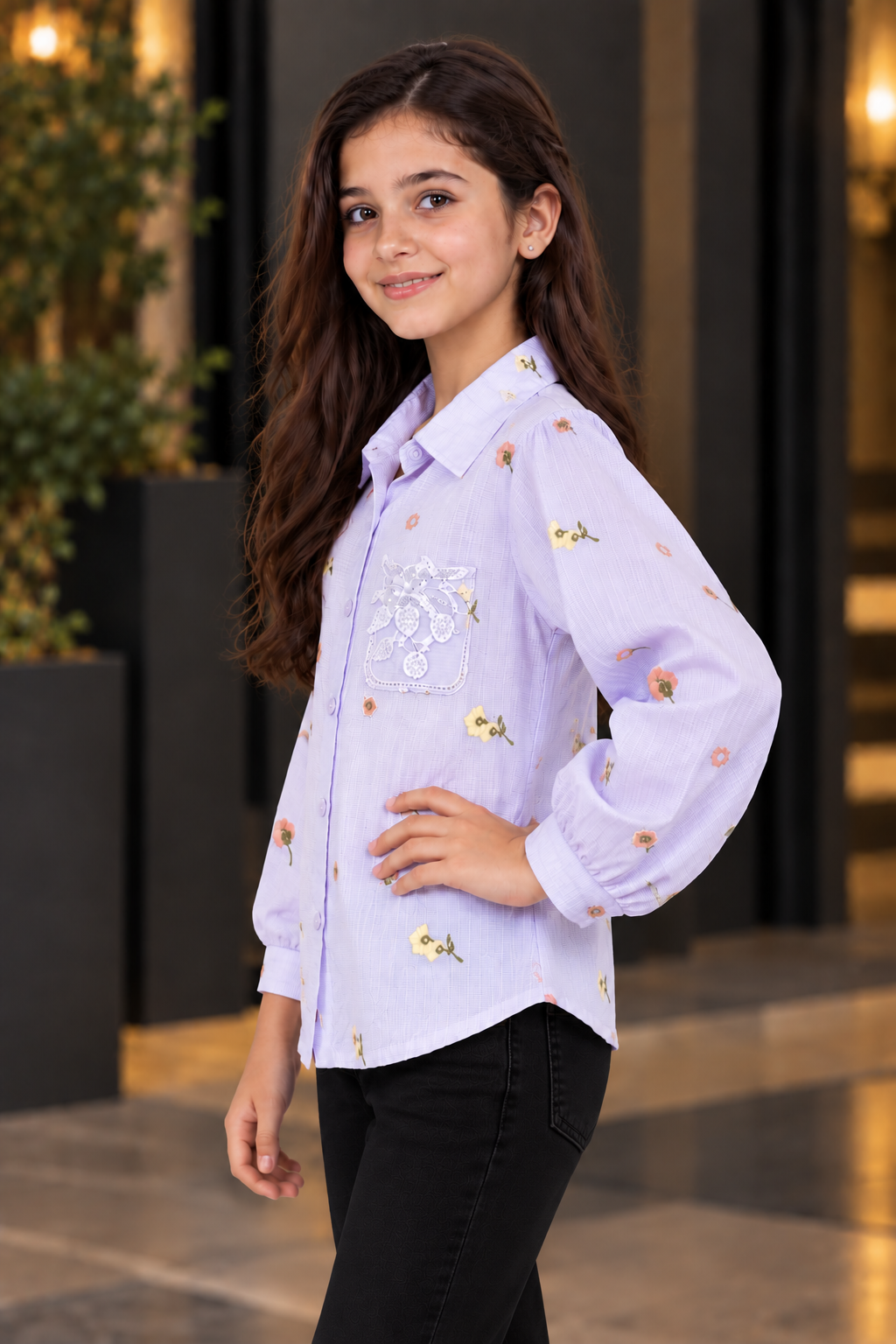 SG85EM Girls Lavender Floral Embroidered Button-Down Shirt – Premium Imported Fabric SG85EM-447-LAV - Image 3