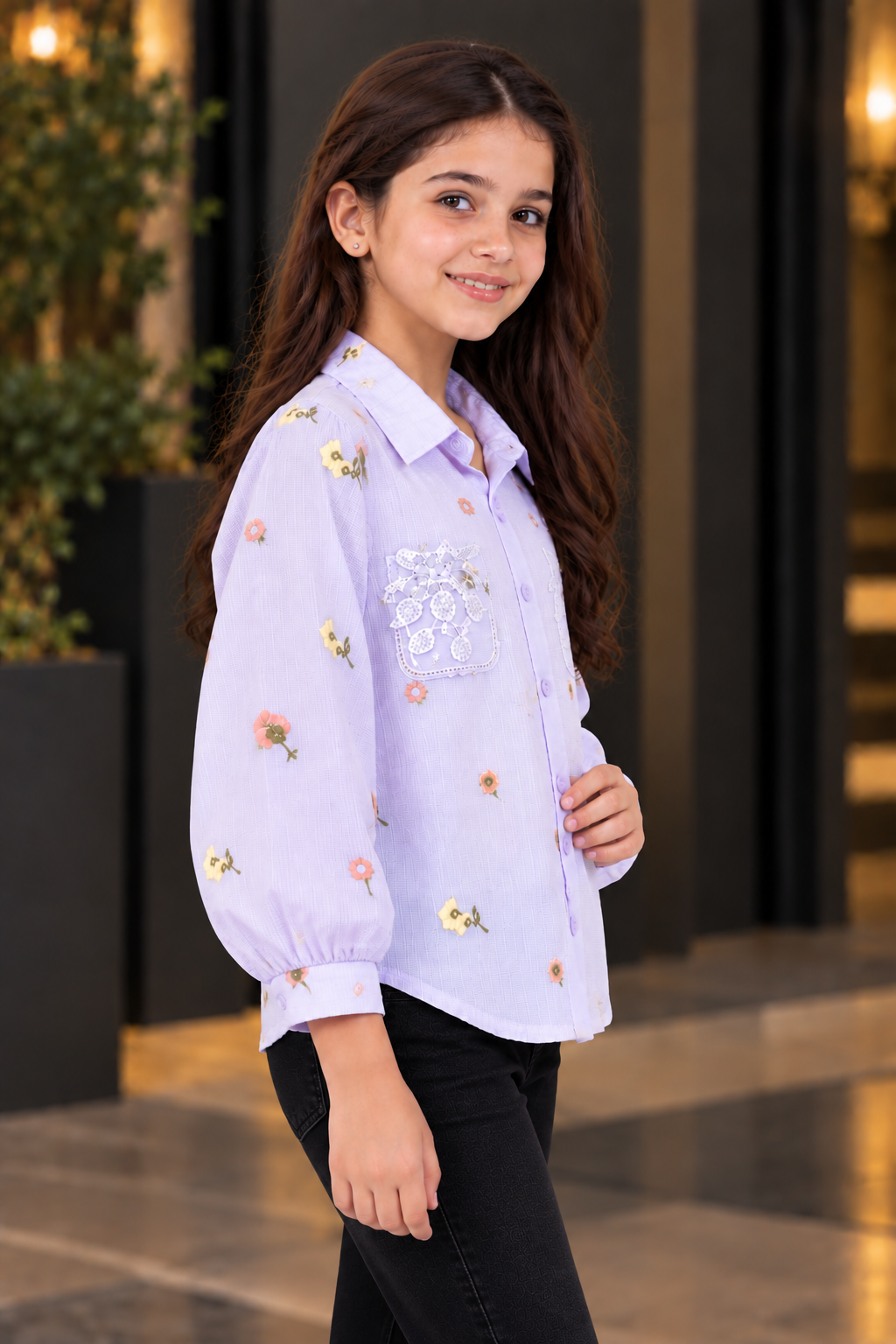 SG85EM Girls Lavender Floral Embroidered Button-Down Shirt – Premium Imported Fabric SG85EM-447-LAV - Image 2