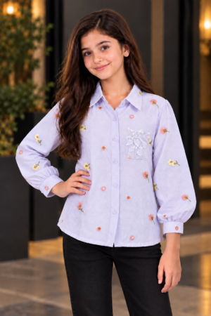 SG85EM Girls Lavender Floral Embroidered Button-Down Shirt – Premium Imported Fabric SG85EM-447-LAV