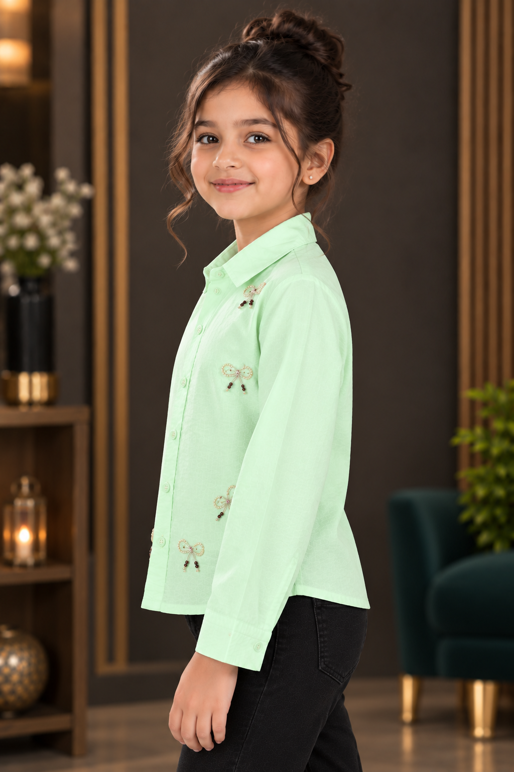 SG83EM Girls Mint Green Butterfly Embellished Button-Down Shirt – Premium Imported Fabric SG83EM-447-GRN - Image 2