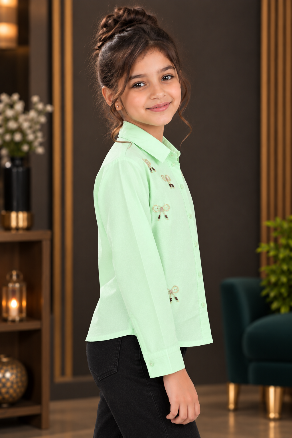 SG83EM Girls Mint Green Butterfly Embellished Button-Down Shirt – Premium Imported Fabric SG83EM-447-GRN - Image 4