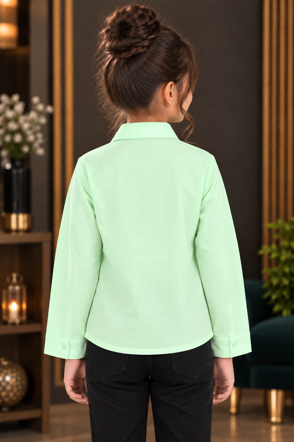 SG83EM Girls Mint Green Butterfly Embellished Button-Down Shirt – Premium Imported Fabric SG83EM-447-GRN - Image 3