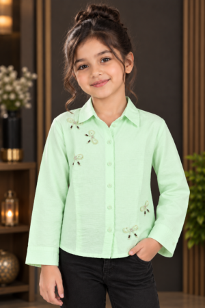 SG83EM Girls Mint Green Butterfly Embellished Button-Down Shirt – Premium Imported Fabric SG83EM-447-GRN