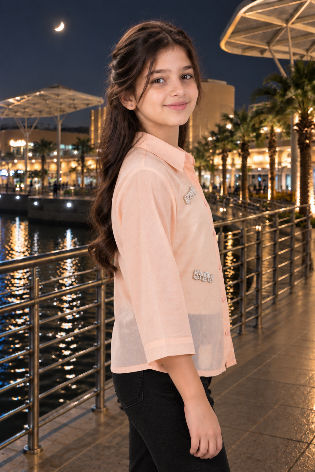 SG73EM Girls Peach Pearl Bow Embellished Sheer Shirt Top – Premium Imported Fabric SG73EM-447-ORG - Image 2