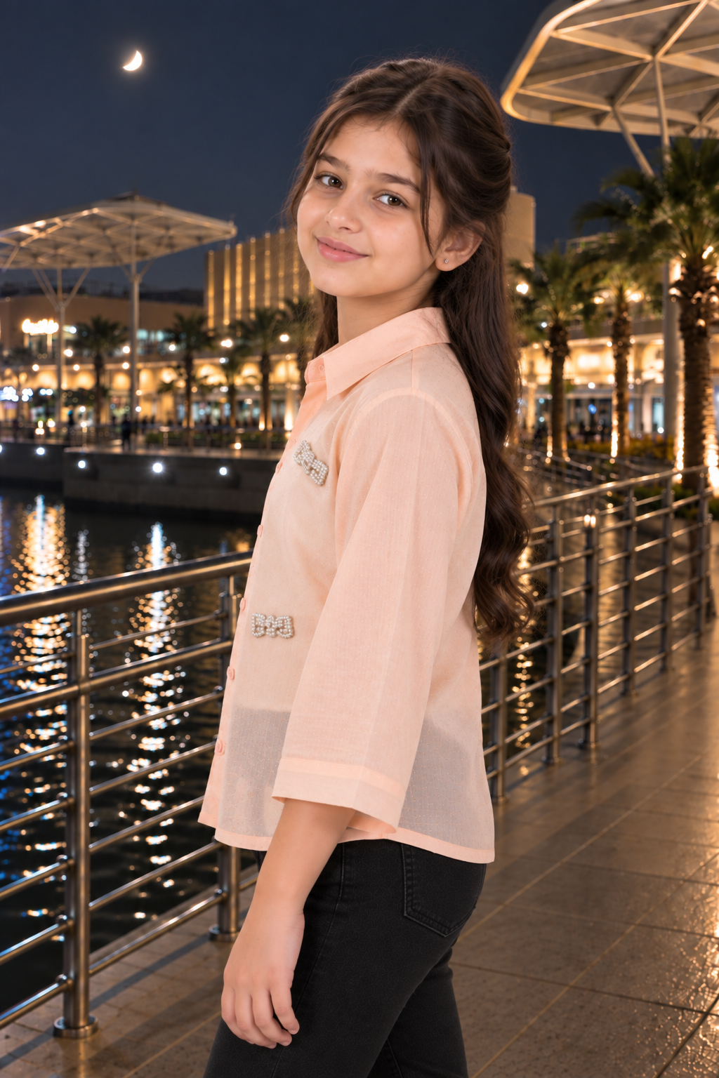 SG73EM Girls Peach Pearl Bow Embellished Sheer Shirt Top – Premium Imported Fabric SG73EM-447-ORG - Image 4