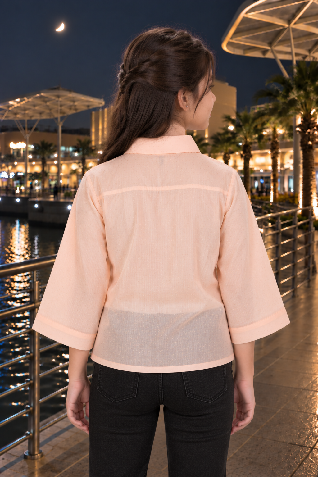 SG73EM Girls Peach Pearl Bow Embellished Sheer Shirt Top – Premium Imported Fabric SG73EM-447-ORG - Image 3