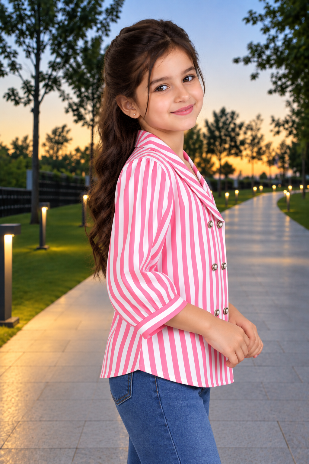 SG75PL Girls Pink & White Striped Double-Breasted Blazer Style Top – Imported Fabric SG75PL-447-PNK - Image 3