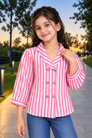 SG75PL Girls Pink & White Striped Double-Breasted Blazer Style Top – Imported Fabric SG75PL-447-PNK