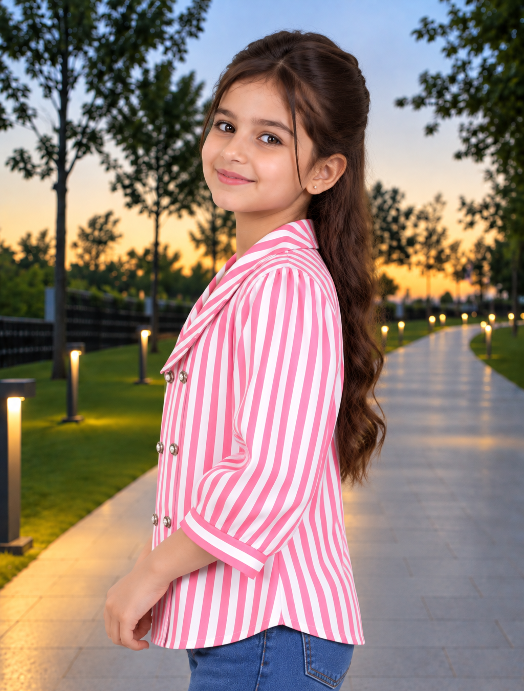 SG75PL Girls Pink & White Striped Double-Breasted Blazer Style Top – Imported Fabric SG75PL-447-PNK - Image 4