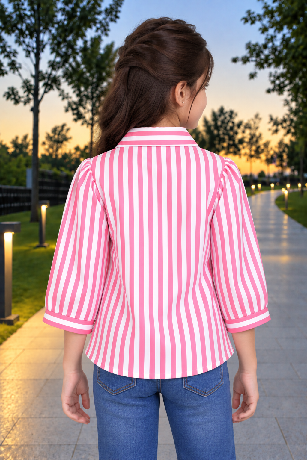 SG75PL Girls Pink & White Striped Double-Breasted Blazer Style Top – Imported Fabric SG75PL-447-PNK - Image 2