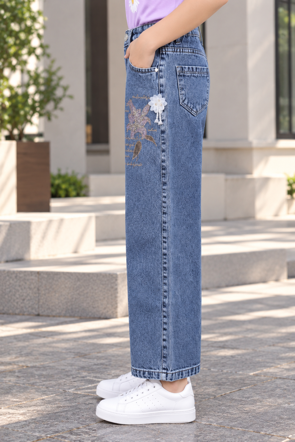 869PL Girls’ Wide Leg Denim Pant – Trendy Casual Fit 869PL-29-L BLU - Image 4
