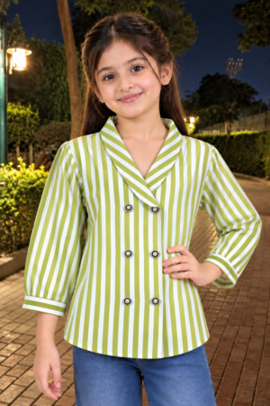 SG75PL Girls Green & White Striped Double-Breasted Blazer Style Top – Imported Fabric SG75PL-447-GRN