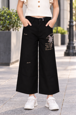 869PL Girls’ Black Wide Leg Denim Pant – Stylish Embroidered Design 869PL-29-BLK