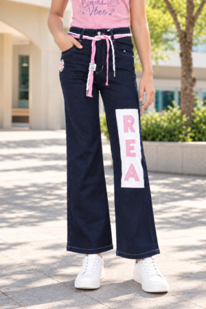 887PL Girls’ Dark Blue Straight Fit Denim Pant – Stylish Letter Patch Design 887PL-29-D BLU