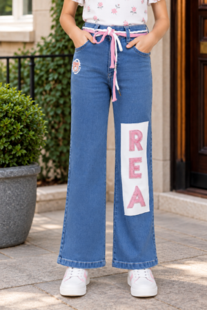887PL Girls’ Blue Straight Fit Denim Pant – Stylish “REA” Letter Patch 887PL-29-L BLU