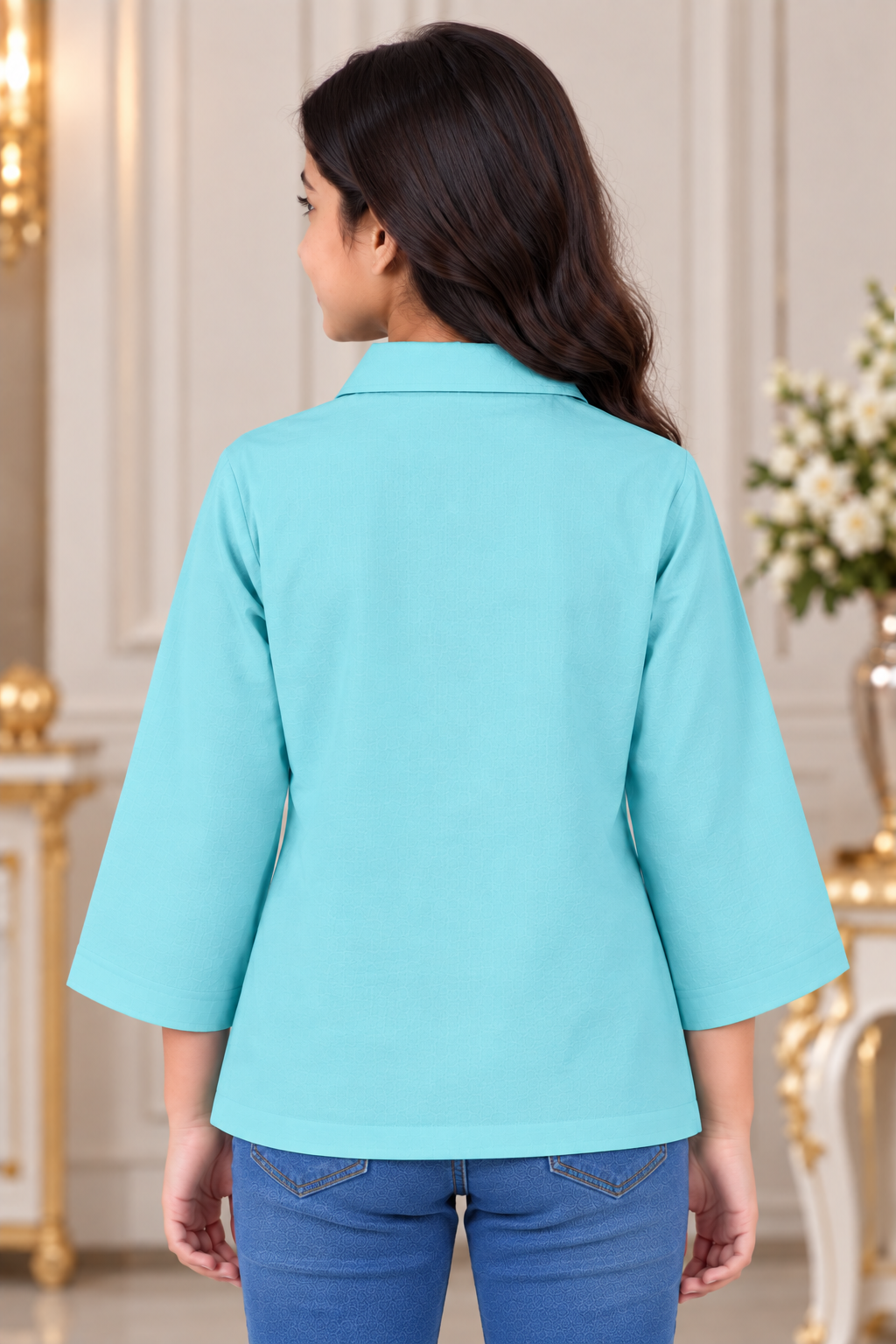 SG84EM Girls Aqua Blue Embellished Floral Shirt Top – Premium Imported Fabric SG84EM-447-BLU - Image 4