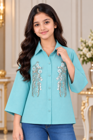 SG84EM Girls Aqua Blue Embellished Floral Shirt Top – Premium Imported Fabric SG84EM-447-BLU