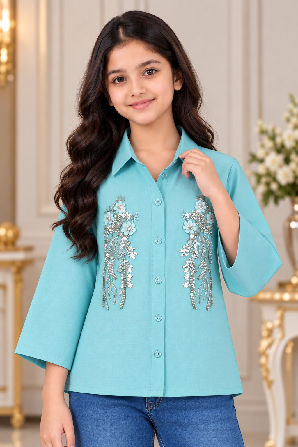SG84EM Girls Aqua Blue Embellished Floral Shirt Top – Premium Imported Fabric SG84EM-447-BLU