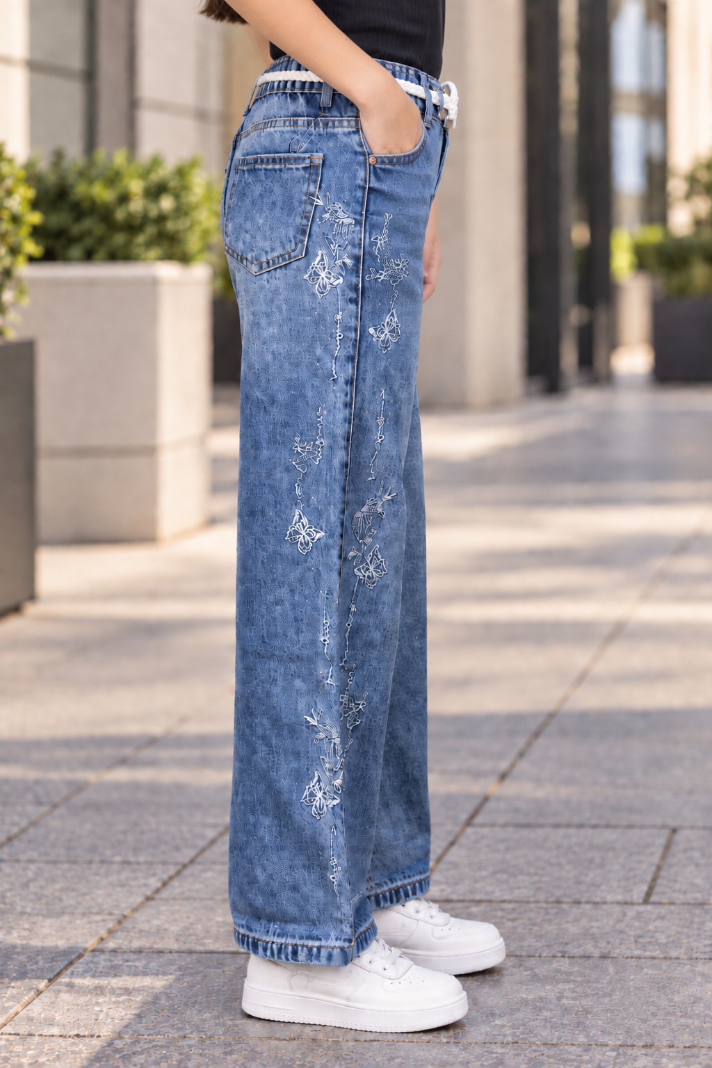 4340PL Girls’ Light Blue Wide Leg Denim Pant with Floral Embellishment 4340PL-261-L BLU - Image 2