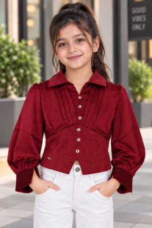 05/598PL Girls Wine Red Ruched Button-Down Fashion Shirt – Premium Imported Fabric 05/598PL-29-MHRN
