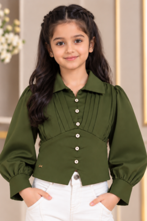 05/598PL Girls Olive Green Pleated Puff-Sleeve Shirt Top – Premium Imported Fabric 05/598PL-29-GRN