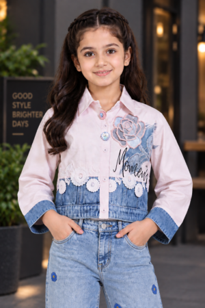 05/648EM Girls Blush Pink Floral Appliqué Denim Patch Shirt – Premium Imported Fabric 05/648EM-29-PNK