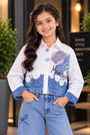 05/648EM Girls White & Denim Blue Floral Appliqué Shirt – Premium Imported Fabric 05/648EM-29-WHT