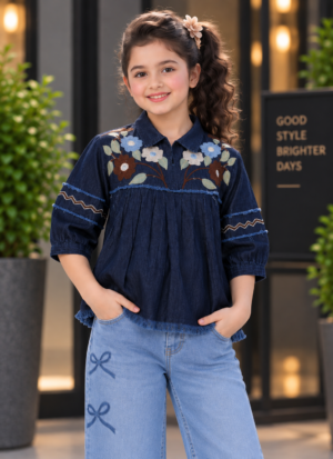 7874DNM Girls Navy Blue Floral Embroidered Pleated Top – Premium Imported Fabric 7874DNM-394-D BLU