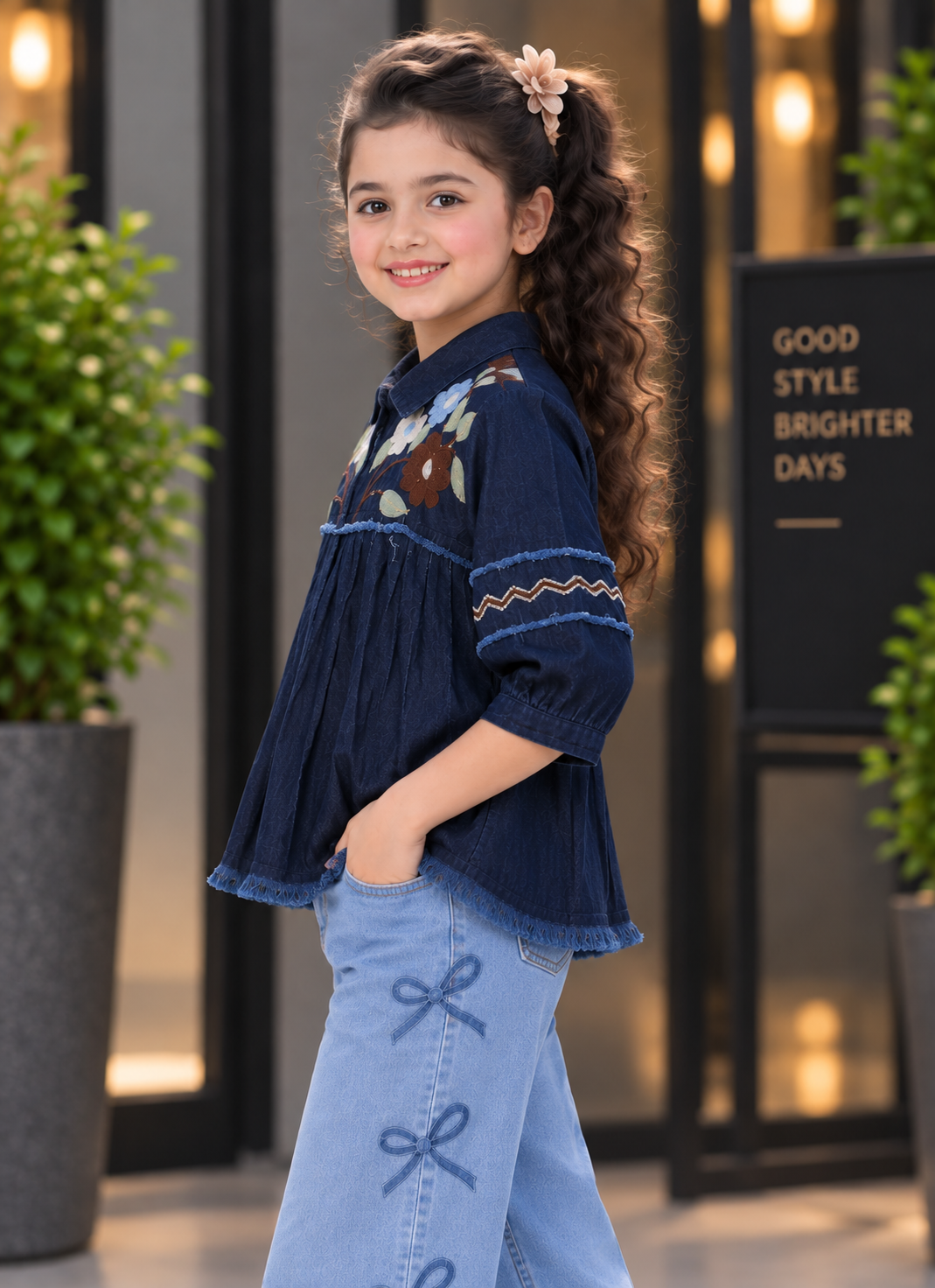 7874DNM Girls Navy Blue Floral Embroidered Pleated Top – Premium Imported Fabric 7874DNM-394-D BLU - Image 2