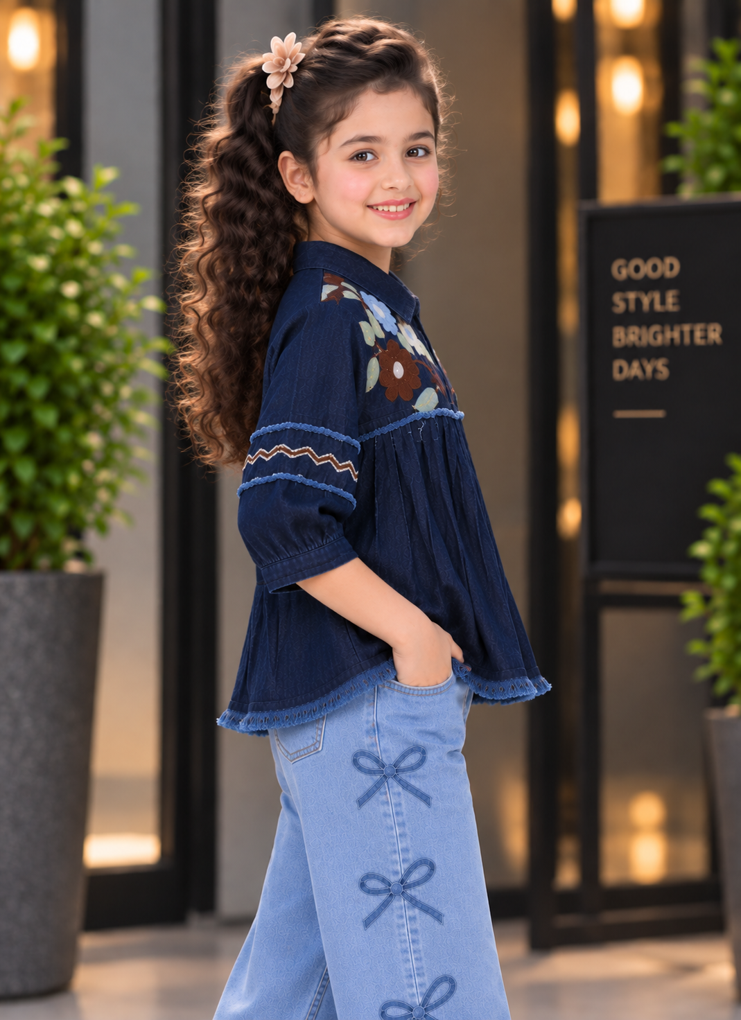 7874DNM Girls Navy Blue Floral Embroidered Pleated Top – Premium Imported Fabric 7874DNM-394-D BLU - Image 4