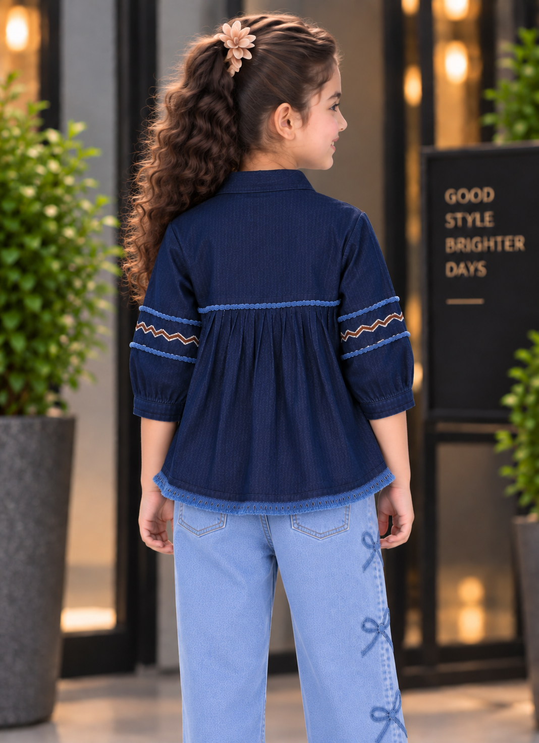 7874DNM Girls Navy Blue Floral Embroidered Pleated Top – Premium Imported Fabric 7874DNM-394-D BLU - Image 3