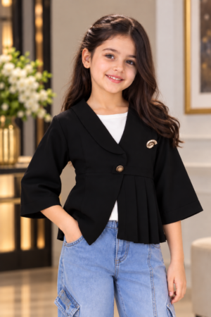 7993PL Girls Elegant Black Pleated Jacket-Style Top with Brooch – Premium Imported Fabric 7993PL-394-BLK