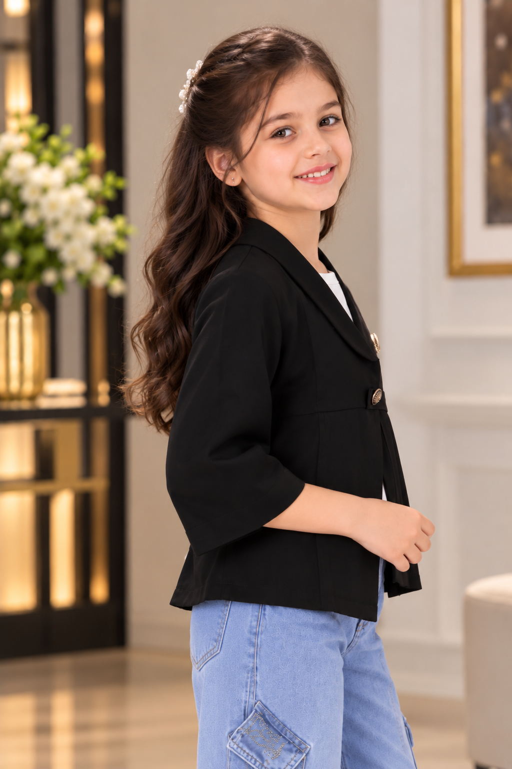 7993PL Girls Elegant Black Pleated Jacket-Style Top with Brooch – Premium Imported Fabric 7993PL-394-BLK - Image 2