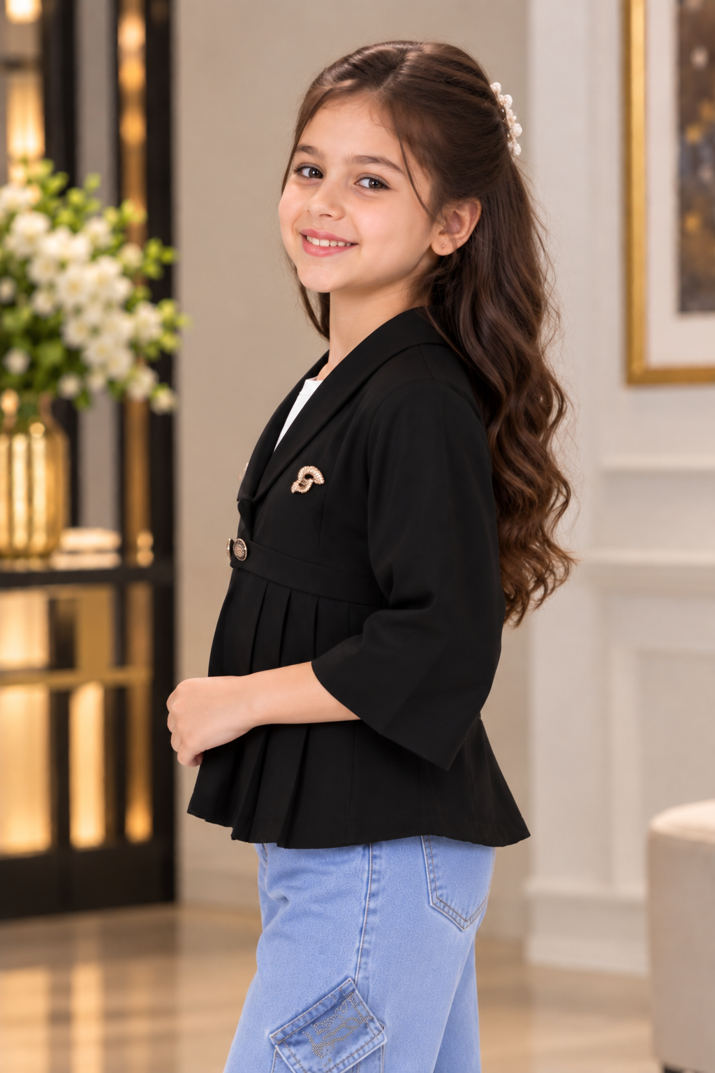 7993PL Girls Elegant Black Pleated Jacket-Style Top with Brooch – Premium Imported Fabric 7993PL-394-BLK - Image 4