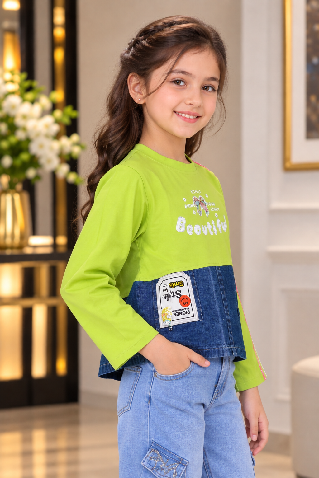 8026LT Girls Lime Green & Denim Colour-Block Graphic Top – Premium Imported Fabric 8026LT-394-P GRN - Image 2