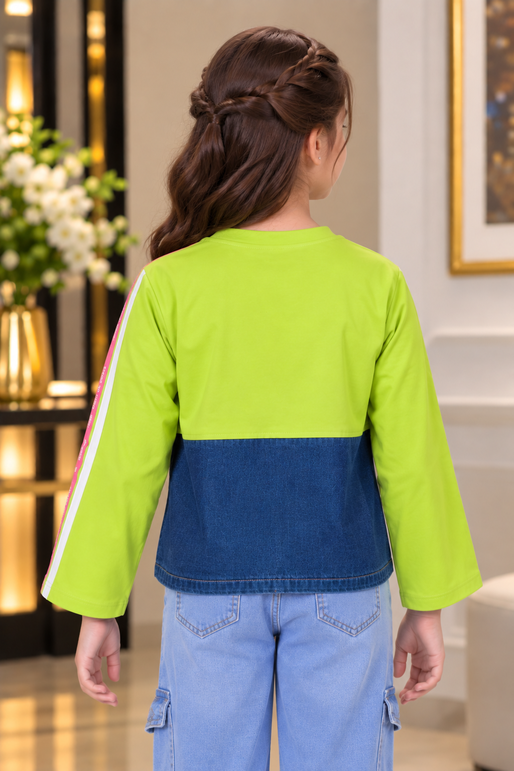 8026LT Girls Lime Green & Denim Colour-Block Graphic Top – Premium Imported Fabric 8026LT-394-P GRN - Image 3