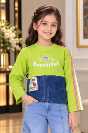 8026LT Girls Lime Green & Denim Colour-Block Graphic Top – Premium Imported Fabric 8026LT-394-P GRN
