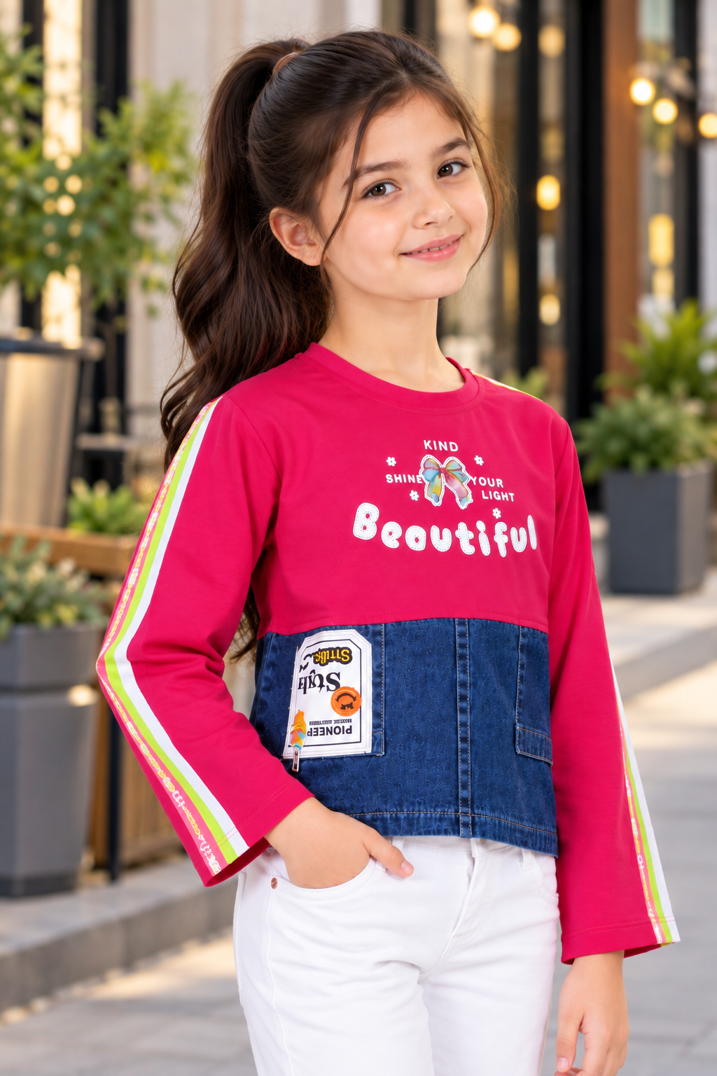 8026LT Girls Hot Pink & Denim Colour-Block Graphic Top – Premium Imported Fabric 8026LT-394-RANI - Image 4