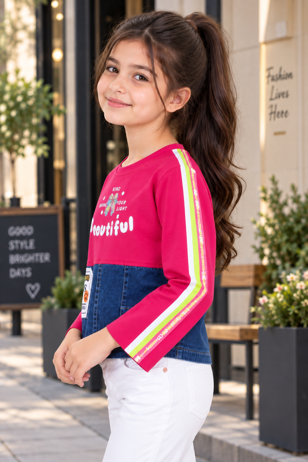 8026LT Girls Hot Pink & Denim Colour-Block Graphic Top – Premium Imported Fabric 8026LT-394-RANI - Image 3