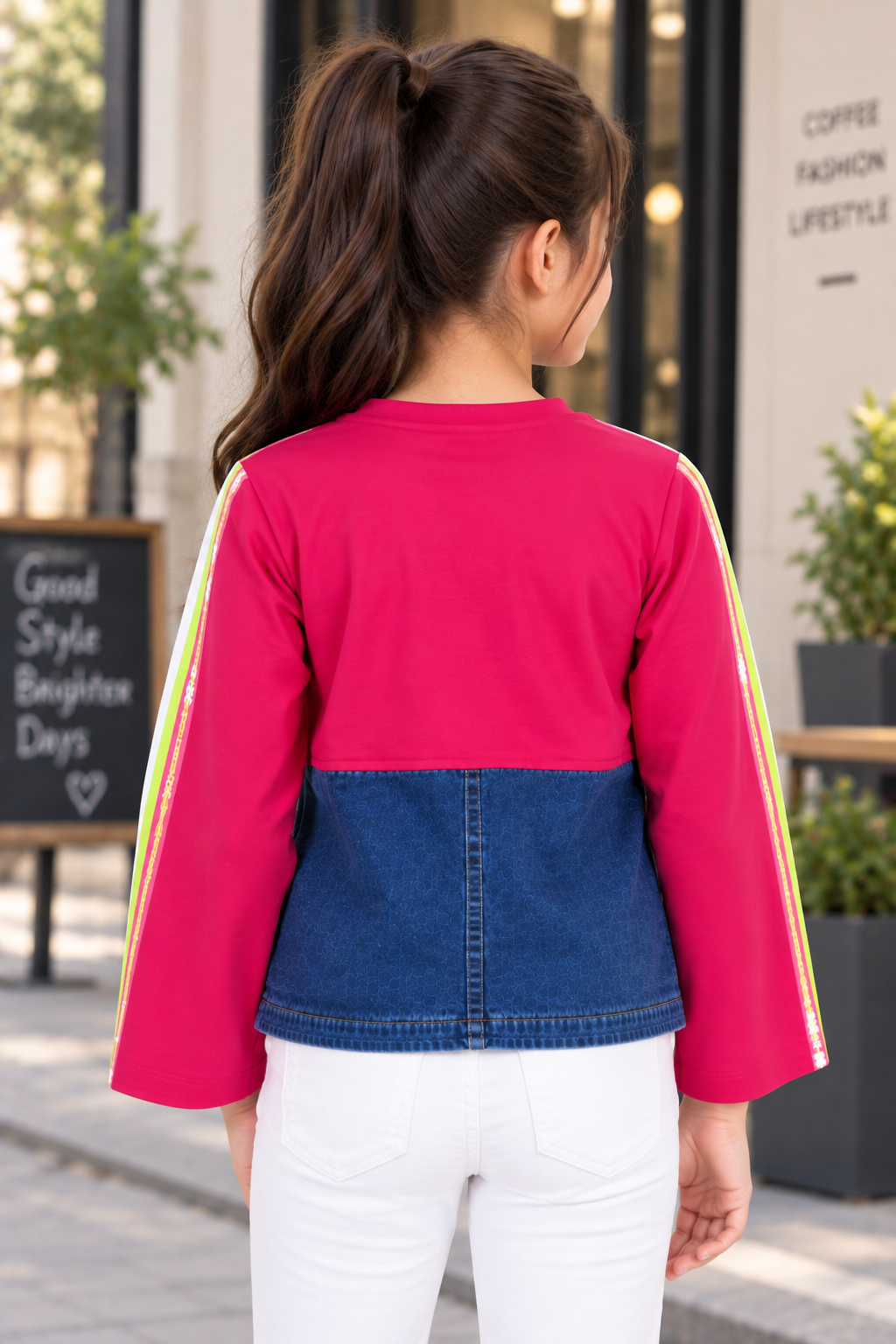 8026LT Girls Hot Pink & Denim Colour-Block Graphic Top – Premium Imported Fabric 8026LT-394-RANI - Image 2