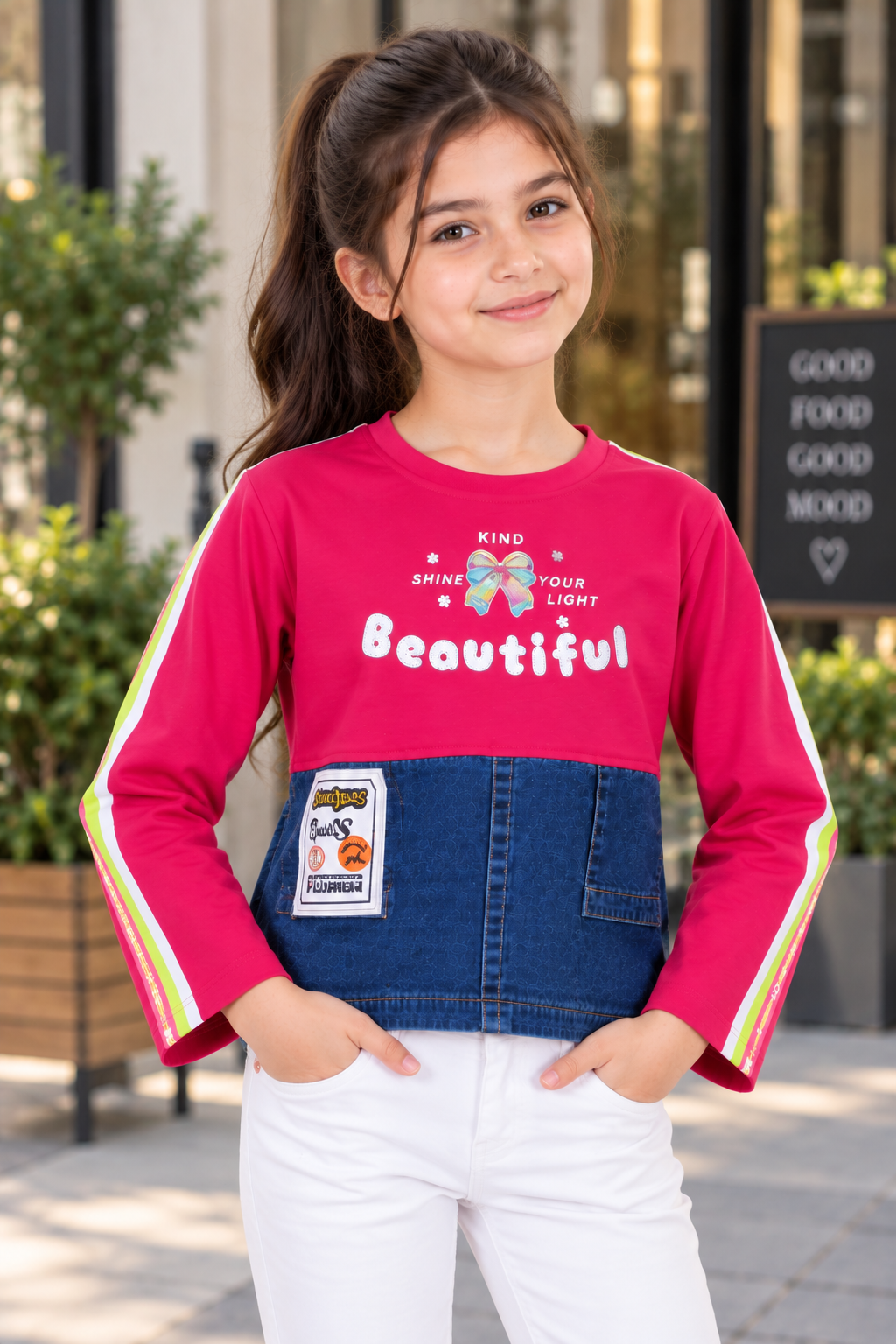 8026LT Girls Hot Pink & Denim Colour-Block Graphic Top – Premium Imported Fabric 8026LT-394-RANI