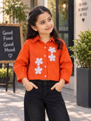 T1005EM Girls Orange Floral Appliqué Cropped Shirt – Premium Imported Fabric T1005EM-218-ORG