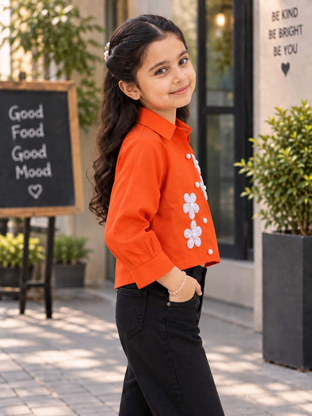 T1005EM Girls Orange Floral Appliqué Cropped Shirt – Premium Imported Fabric T1005EM-218-ORG - Image 3