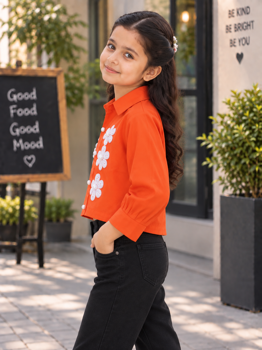 T1005EM Girls Orange Floral Appliqué Cropped Shirt – Premium Imported Fabric T1005EM-218-ORG - Image 2
