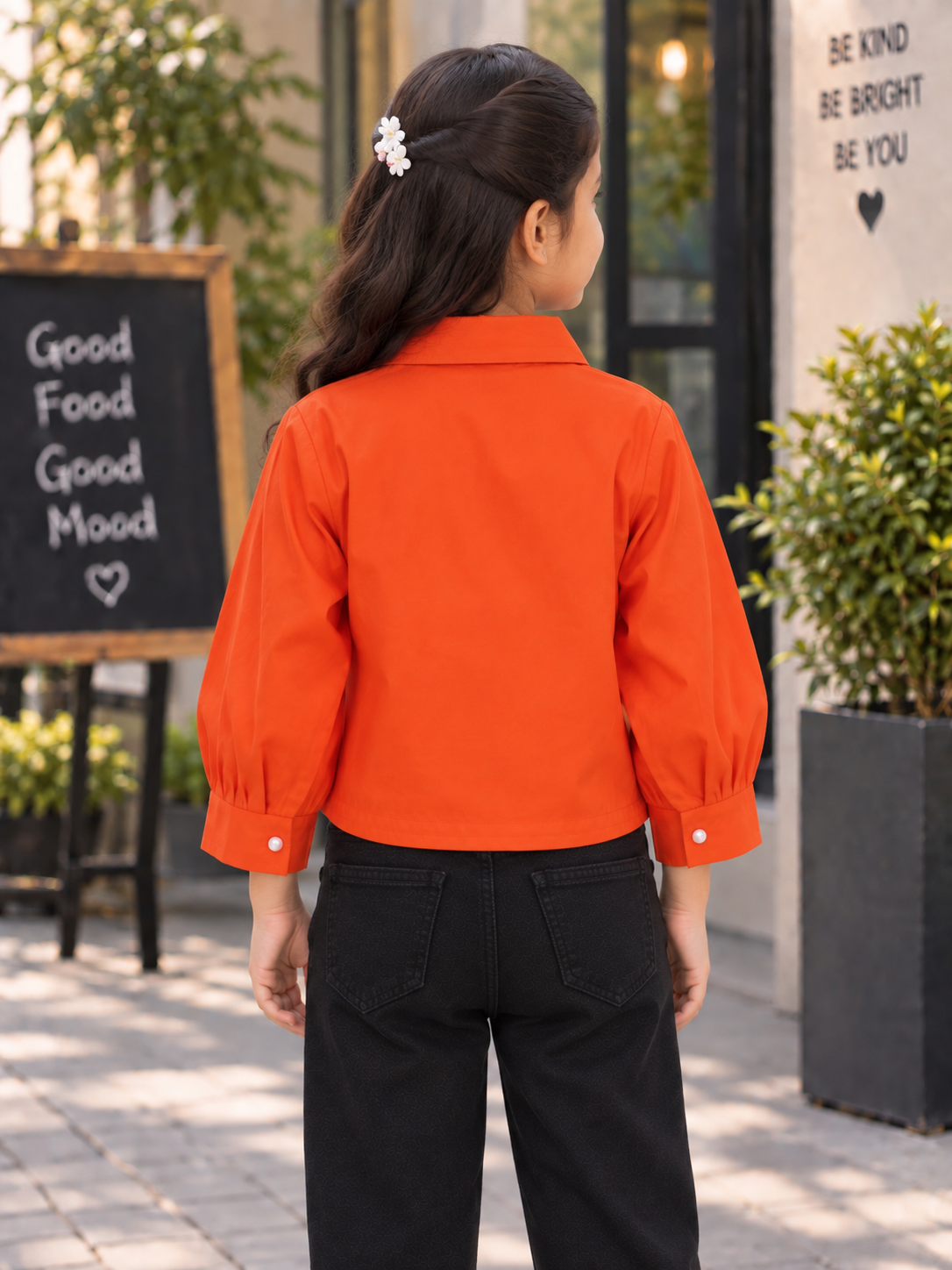 T1005EM Girls Orange Floral Appliqué Cropped Shirt – Premium Imported Fabric T1005EM-218-ORG - Image 4