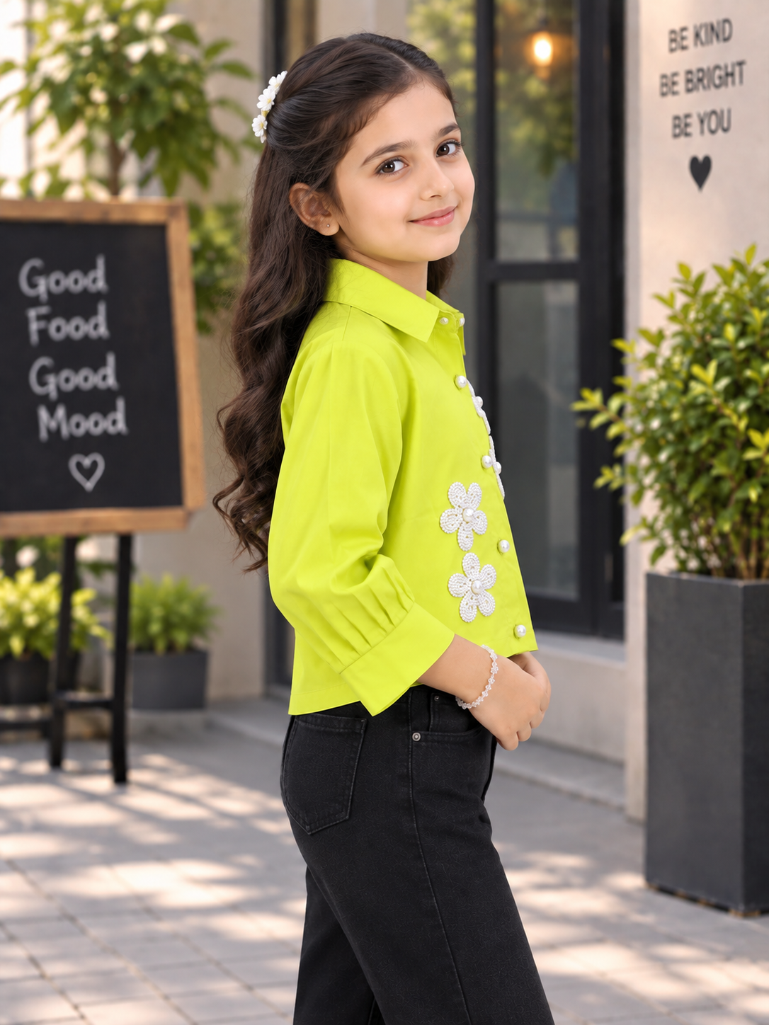 T1005EM Girls Lime Green Floral Appliqué Cropped Shirt – Premium Imported Fabric T1005EM-218-P GRN - Image 2
