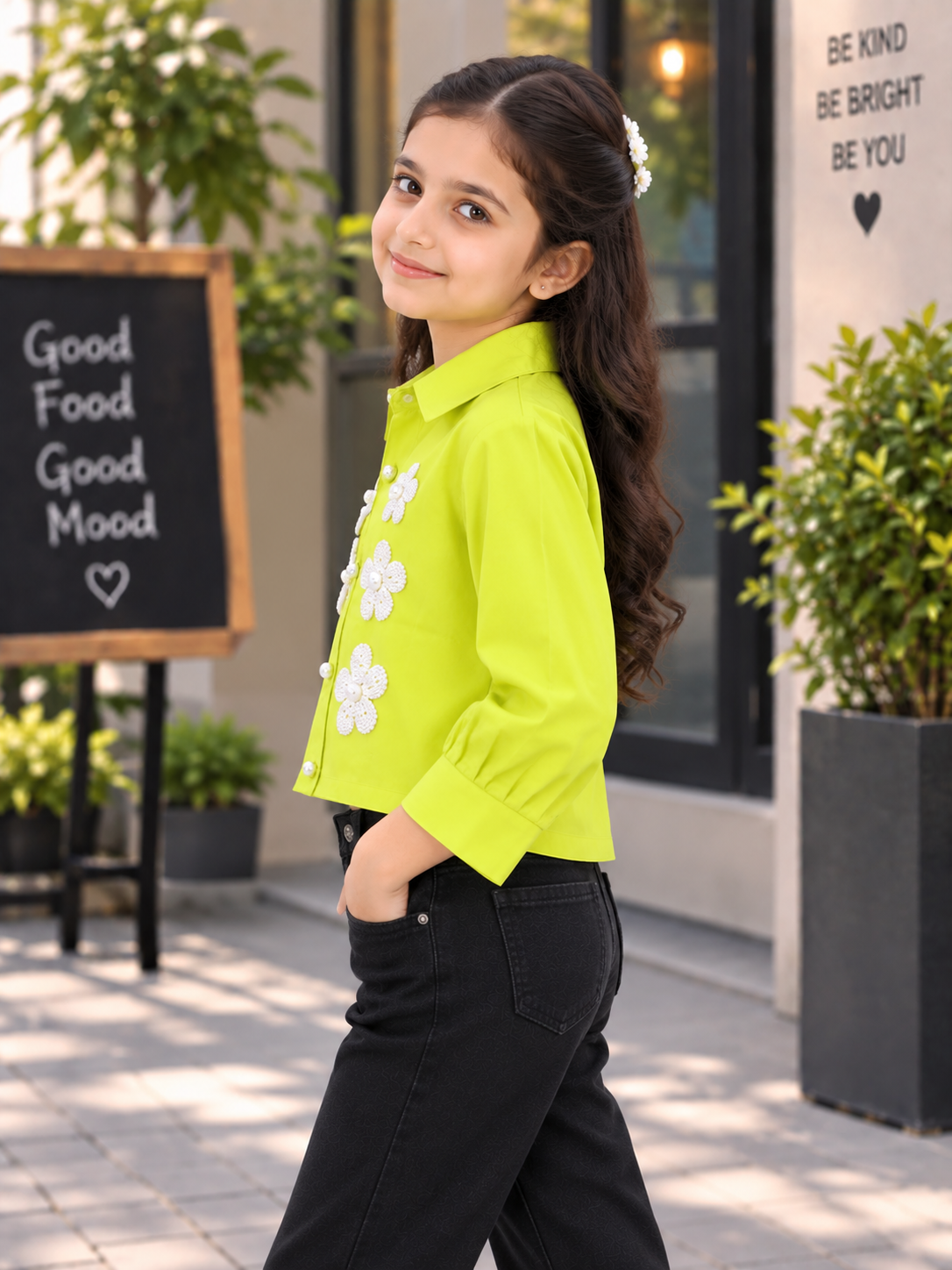 T1005EM Girls Lime Green Floral Appliqué Cropped Shirt – Premium Imported Fabric T1005EM-218-P GRN - Image 4