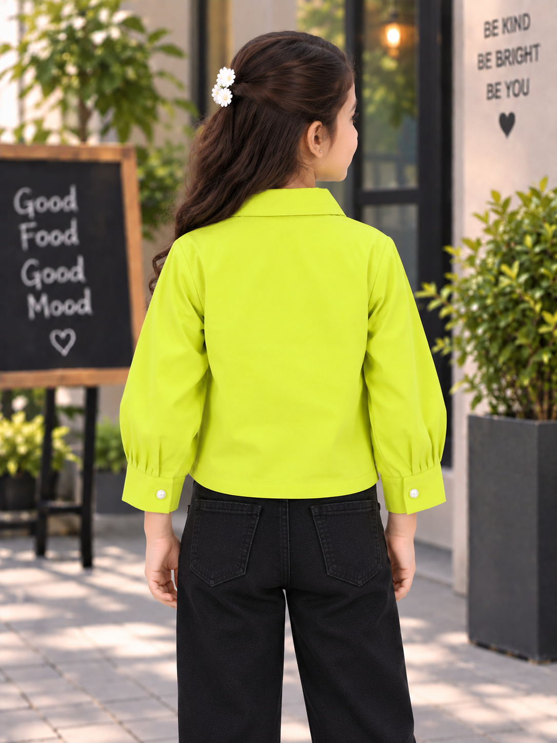 T1005EM Girls Lime Green Floral Appliqué Cropped Shirt – Premium Imported Fabric T1005EM-218-P GRN - Image 3